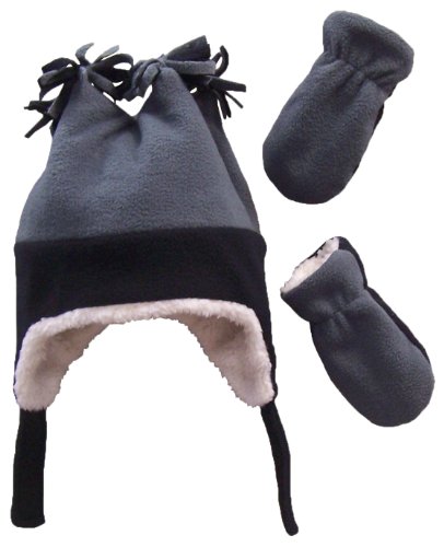 N'Ice Caps Boys Sherpa Lined Micro Fleece Four Corner Ski Hat and Mitten Set (6-18mo, Infant - Black/Charcoal Grey)
