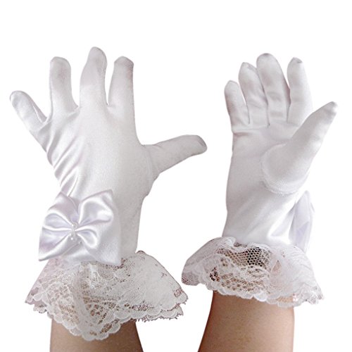 Flower Girls Gloves Kids White Satin Lace Princess Gloves Holy Communion Evening Birthday Party Wedding Gloves 5-8yrs