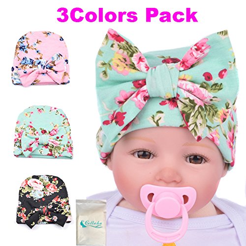 Gellwhu Infant Baby Girls Floral Print Nursery Newborn Hospital Hat Cap with Big Bow (3 Colors Pack)
