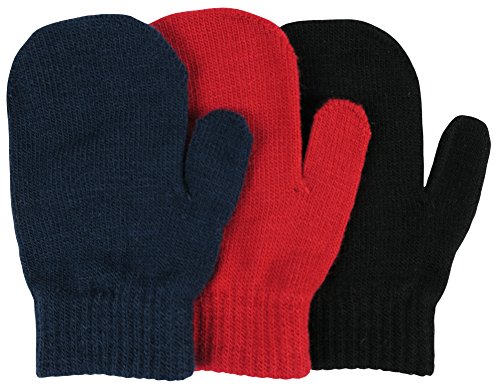 N'Ice Caps Little Boys and Infants Magic Stretch Mittens 3 Pairs Assortment (6-18 Months, Solid - Red/Navy/Black)