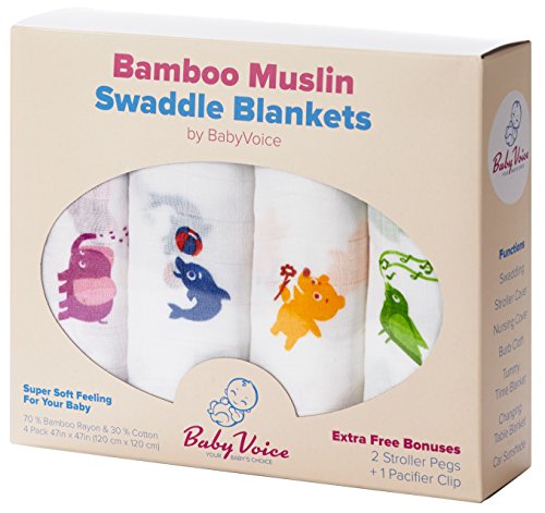 Swaddle Blanket (Premium Bamboo Muslin) 4 Pack + 4 Bonuses: Stroller Clips, Pacifier Clip & Baby Sleeping Guide By BabyVoice