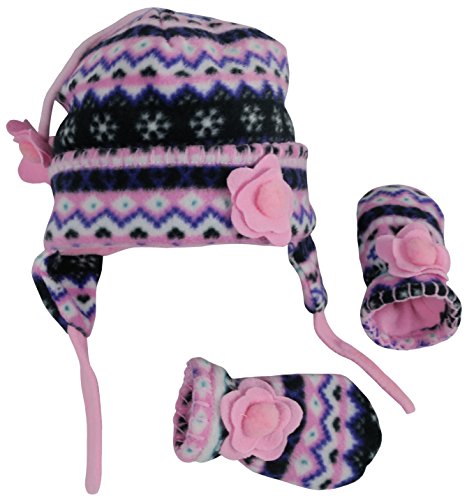 N'Ice Caps Girls Fair Isle Print Micro Fleece Hat And Mitten Set (3-6 Months, Black Fair Isle/Neon Pink Infant)