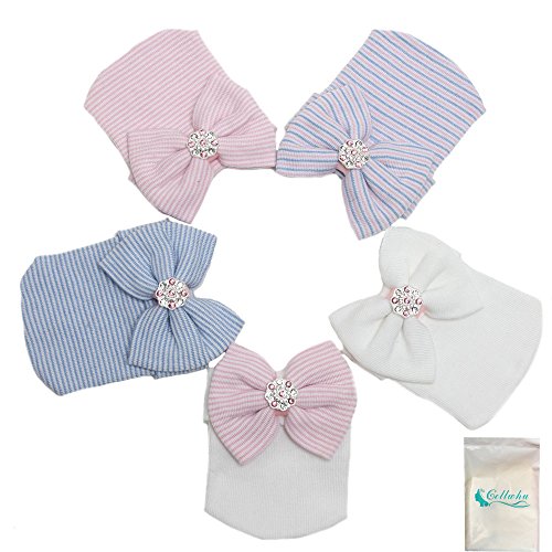 Gellwhu 1-5pcs Sparkle Gem Newborn Baby Girl Nursery Beanie Hospital Hat With Bow (5 Colors)