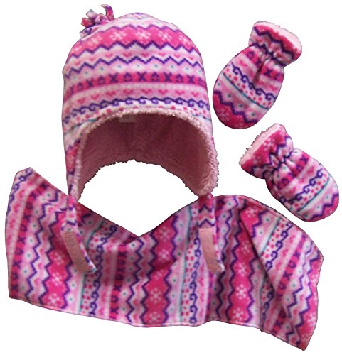N'Ice Caps Girls Sherpa Lined Fair Isle Printed Fleece hat/scarf/mitten Set (6-18 months, fuchsia/pink/purple/white/turq)