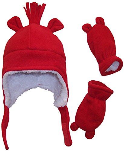N'Ice Caps Boys Sherpa Lined Micro Fleece Hat and Mitten Set with Ears (3-6 Months, Infant - Red)