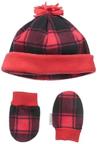 Columbia Baby-Boys Infant Frosty Fleece Hat and Mitten Set, Bright Red/Buffalo Check, One Size