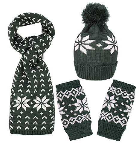 Simplicity Kid's Knited Scarf Set w/Matching Fingerless Gloves Beanie Snowflakes