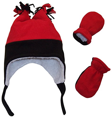 N'Ice Caps Boys Sherpa Lined Micro Fleece Four Corner Ski Hat and Mitten Set (6-18mo, Infant - Black/Red)