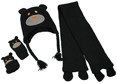 N'Ice Caps Little Kids and Infants Cute Animal Face Knitted 3PC Accessory Set (6-18 Months, Dog - Black Infant)