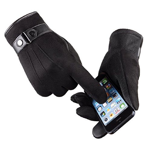 Ikevan Luxurious Mens Touch Screen Smartphone Gloves Warm Thick Faux Suede Full Finger Gloves Mittens Solid Color for Motorcycle Outdoor Driving Sports (Black)