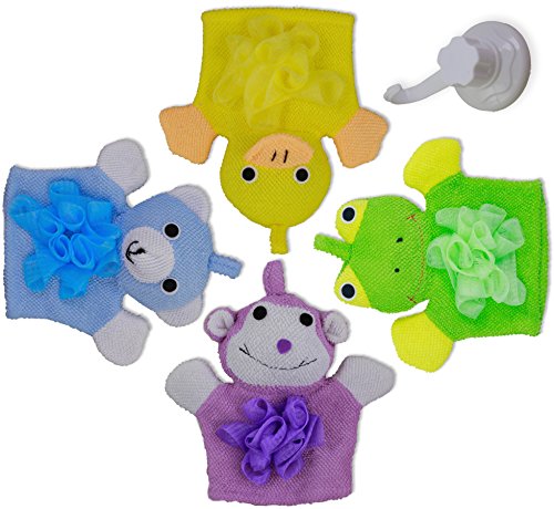 Kids Bath Mitt 4 Pack Toys with Hanging Hook - Loofah Chested Frog, Duck, Monkey, & Bear Make Bath Time Fun & Easy - Dry Quickly with Included Suction Mount Hanging Hook