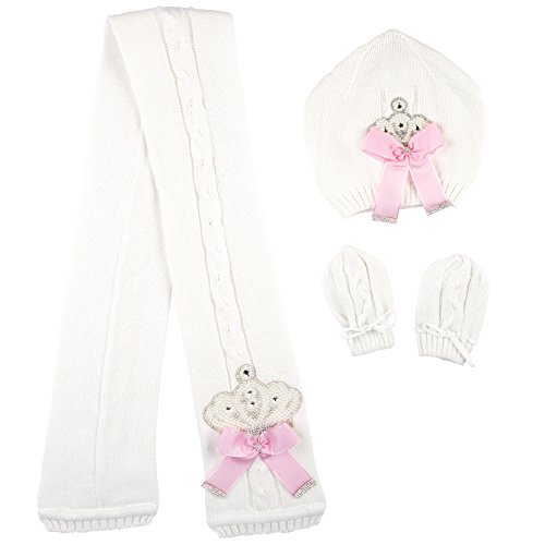 Lilax Baby Girl Newborn Jeweled Knit Hat, Scarf and Mitten Set 0-3 Months Pink