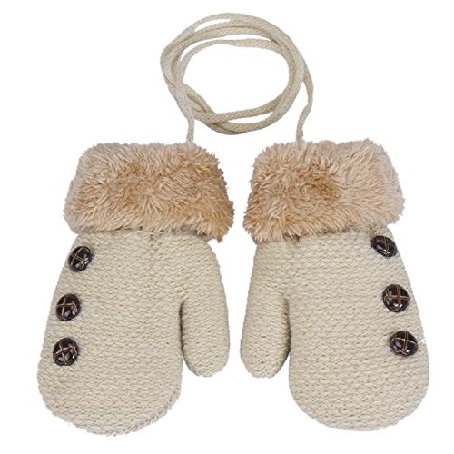Amiley Baby Kids Boy Girl Button Decor Winter Warm Mittens Gloves with String (Beige)