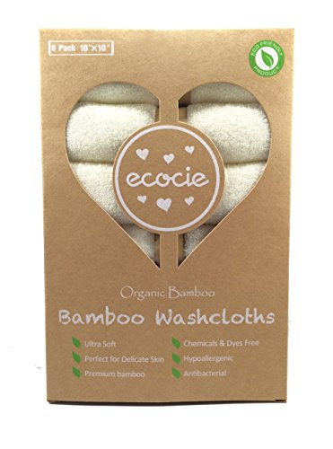 Ecocie 100% Natural Bamboo Washcloths, Extra Absorbent, Reusable Towel / wipes, Unbleached, Chemicals & Dyes FREE, Just The Right Touch for Sensitive Baby Skin, 6 Pack 10”X10”