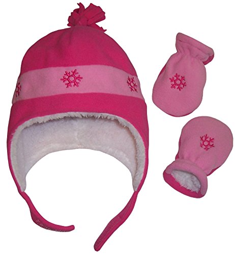 N'Ice Caps Girls Snow Embroidered Sherpa Lined Micro Fleece Hat and Mitten Set (3-6 Months, Infant - Fuchsia/Pink)