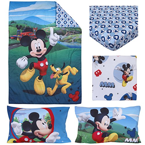 Disney 4 Piece Toddler Bedding Set, Mickey Mouse Playhouse, Blue/White, Standard Toddler Mattress (52