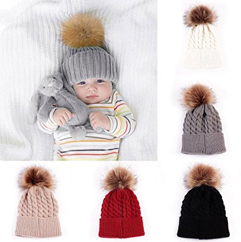 Hot Sale! 5 Color Baby Toddler Girls Boys Warm Winter Knit Beanie Fur Pom Hat Crochet Ski Ball Cap (Khaki)