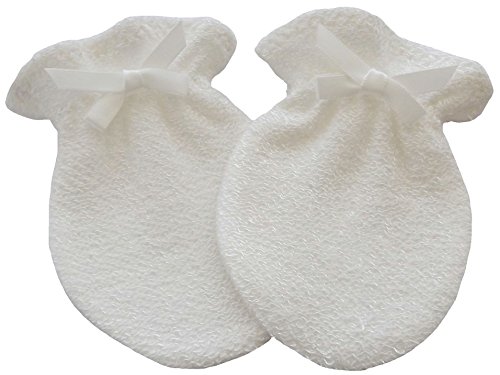 Bamboo Organic Cotton French Terry Newborn Baby Anti Scratch Mittens Handmade (0-3 Months, Ivory Bow)