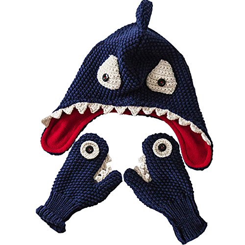 E.mirreh Package of Knitted Beanie Warm Hat and Gloves Baby Toddler Boy Handmade Shark Blue M