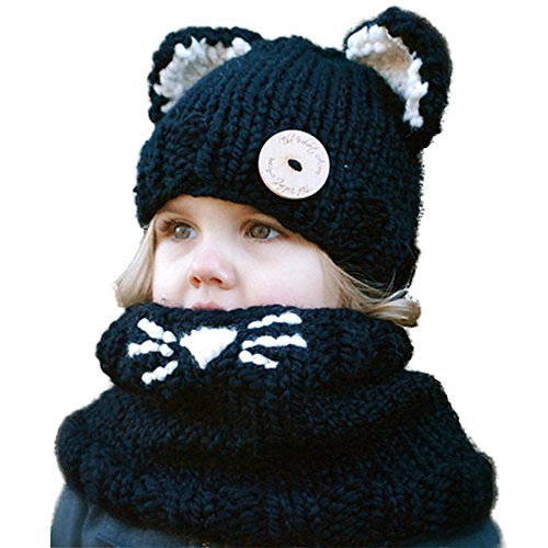 Wua Kids Warm Winter Beanies Baby Knitted Coif Hood Scarf Animal Ear Hats Beanies Caps (Black Kitten)