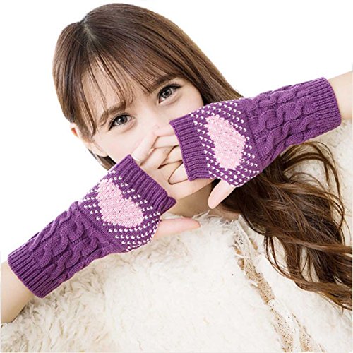 Ikevan Fashion Women's Knitting Wool Gloves Arm Warmer Fingerless Gloves Love Heart Dots Pattern Thicken Gloves Wrap Cuff Autumn Winter (Purple)
