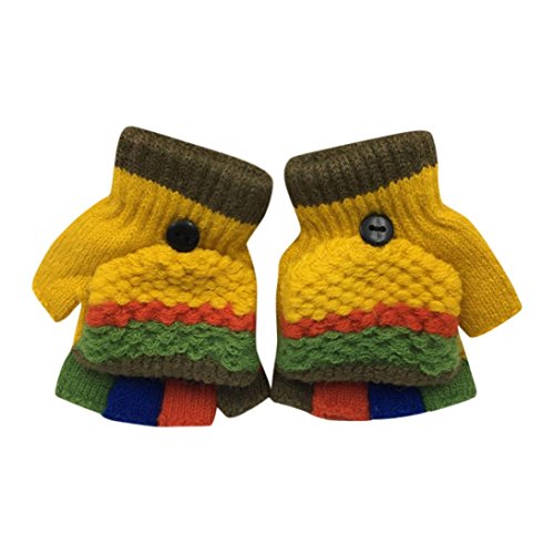 Toddler Baby Girls Cute Boys Thicken Winter Warm Patchwork Gloves With Mitten Cover (Yellow)