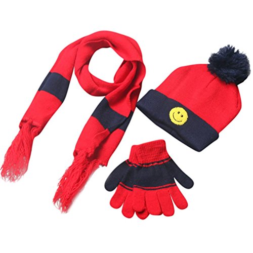Cywulin Baby Wool Blend Hat, Warm Winter Smile Scarf Neck Scarves Hat Gloves Sets (Red)
