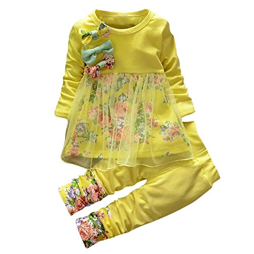 Baby Clothes Set, PPBUY Toddler Girls Floral T-shirt Dress + Pants 2PCS Outfits (12-18M, Yellow)