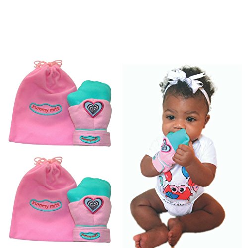 Yummy Mitt Teething Mitten (Non-Glow) PINK- Only Certified Cotton Teething Mitten- Self-Soothing Entertainment and Gives Pain Relief from Teething plus it’s an Ideal Baby Shower Gift -SET OF TWO