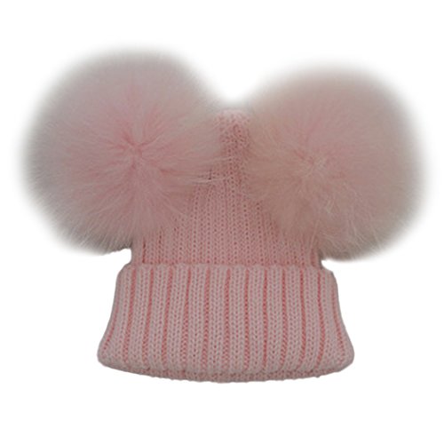 MIOIM Unisex Baby Boys Girls Wool Knit Hat Raccoon Fur Double Big Ball Pompom Bobble Ski Cap
