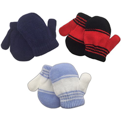 3 Pack Infant Baby Boys Mittens Warm Knitted for Winter - Navy, Red Stripe, Blue Stripe