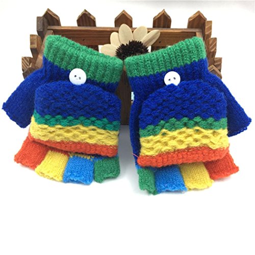Hongxin Convertible Cotton Knitted Gloves For Kids 2-6 Years Fingerless Flap Warm Winter Mitten Multicolor (Dark Blue)
