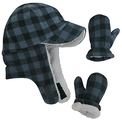 N'Ice Caps Little Boys and Baby Sherpa Lined Fleece Flap Hat Mitten Winter Set (4-6 Years, Charcoal Gray Buffalo Plaid)