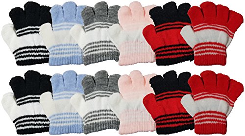 12 Pairs Baby Winter Magic Gloves for Toddlers, Stretchy Warm Bulk Pack Boys Girls Children (Assorted)