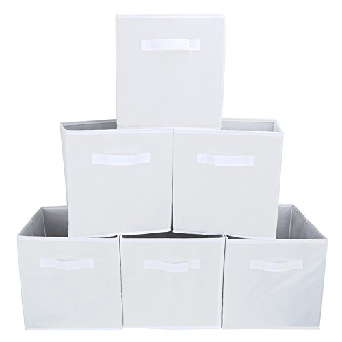 Set of 6 Foldable Fabric Basket Bin, EZOWare Collapsible Storage Cube For Nursery, Office, Home Décor, Shelf Cabinet, Cube Organizers - White