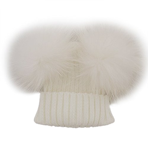 MIOIM Unisex Baby Boys Girls Wool Knit Hat Raccoon Fur Double Big Ball Pompom Bobble Ski Cap