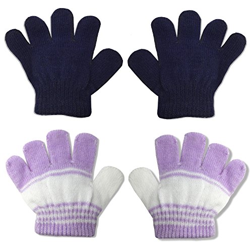 2 Pair Pack Infant to Toddler Baby Gloves Stretchy Knit Warm Winter (Ages 0-3) (Navy/Purple Stripe)