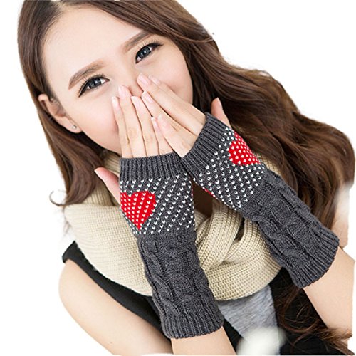 Ikevan Fashion Women's Knitting Wool Gloves Arm Warmer Fingerless Gloves Love Heart Dots Pattern Thicken Gloves Wrap Cuff Autumn Winter (Gray)