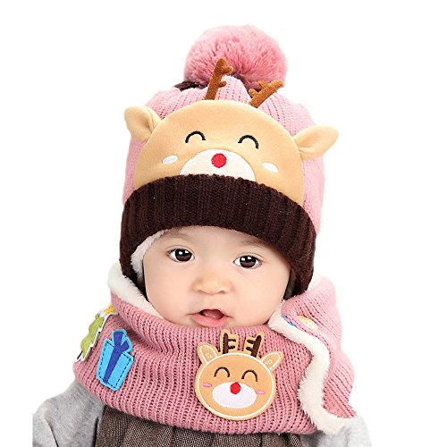 TAORE Baby Toddler Kids Boy Girl Knitted Christmas deer Soft Hat + Scarf (Pink)