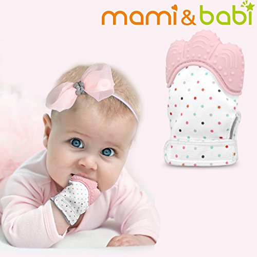 Baby Teething Mitten, Mami&babi Teether for Baby Self-soothing Pain Relief, BPA Free & Food Grade Teething Glove (Pink)