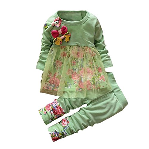 Baby Clothes Set, PPBUY Toddler Girls Floral T-shirt Dress + Pants 2PCS Outfits (18-24M, Green)