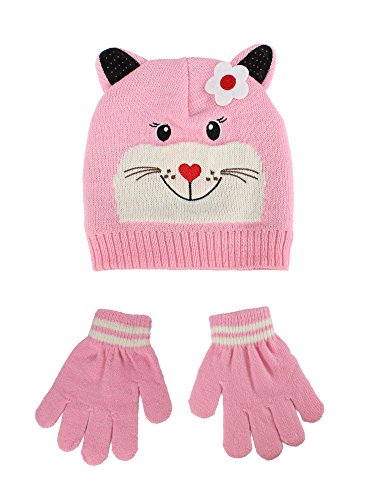 S.W.A.K Toddler Kids Girls Animal Character Hat with Elastic Mitten Gloves Set Pink