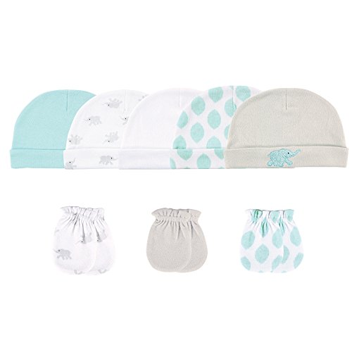 Luvable Friends Baby 5 Cap and 3 Pack Scratch Mitten Set, Teal/Gray Elephant 8 Piece, 0-6 Months