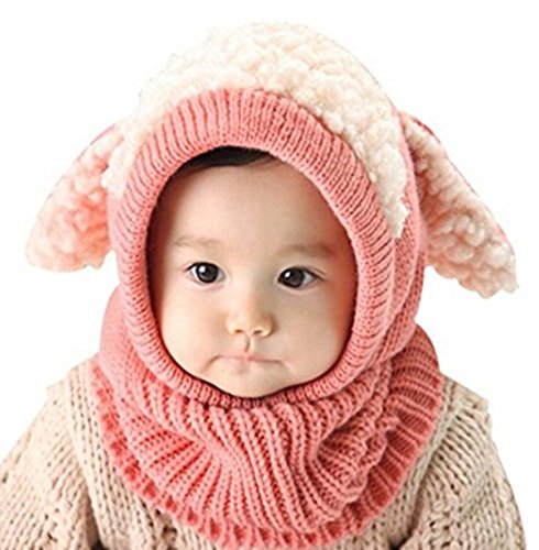 Baby Girls Boys Cartoon Dog Winter Hat Scarf Woolen Earflap Hooded Scarves Beanie Skull Caps (Pink)