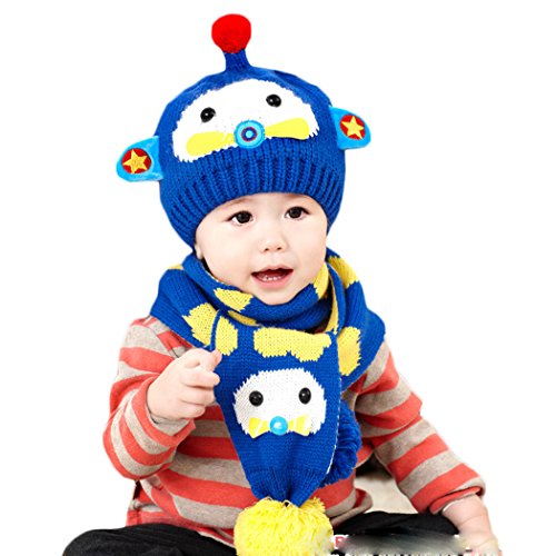 Hikfly Winter Knit Hat Scarf Set for Baby Girls Boys Toddlers Outdoor Sports Thermal Beanie Cap Warmer Scarf Xmas Gift (6-36 months) (Blue, Plane)
