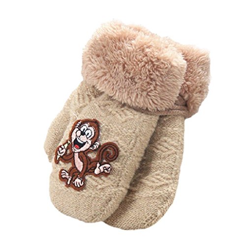 Auxma Warm Gloves Baby Girls Boys Cute Monkey Pattern Winter Gloves Infant Thicken Comfort Mittens (Beige)
