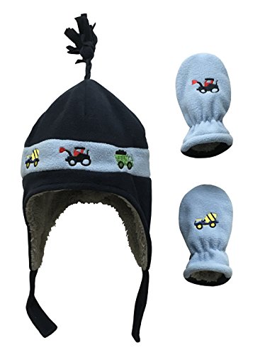 N'Ice Caps Little Boys and Baby Sherpa Lined Fleece Hat Mitten Embroidery Set (6-18mos, Navy/Light Blue Trucks Infant)