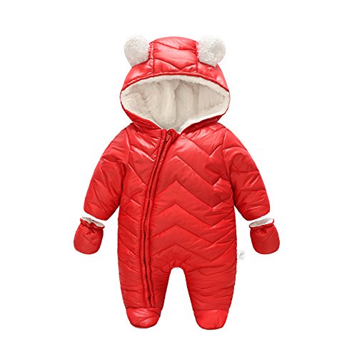 Ding-dong Baby Boy Girl Winter Hooded Puffer Jacket Snowsuit with Gloves(Red,9-12M)
