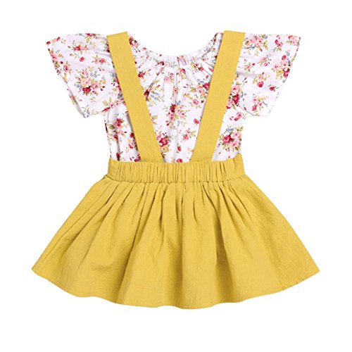 Lisin 2Pcs Infant Baby Girls Floral Print Rompers Jumpsuit Strap Skirt Outfits Set (Size:18Months, Yellow)