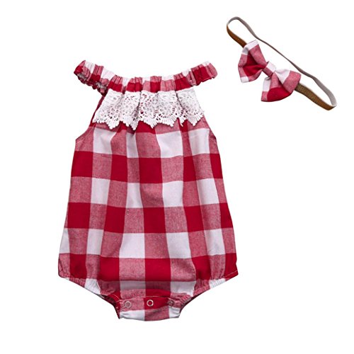 Lisin Newborn Infant Baby Girl Plaid Lace Romper Jumpsuit Headband Outfits Clothes (Red, Size:3Months)